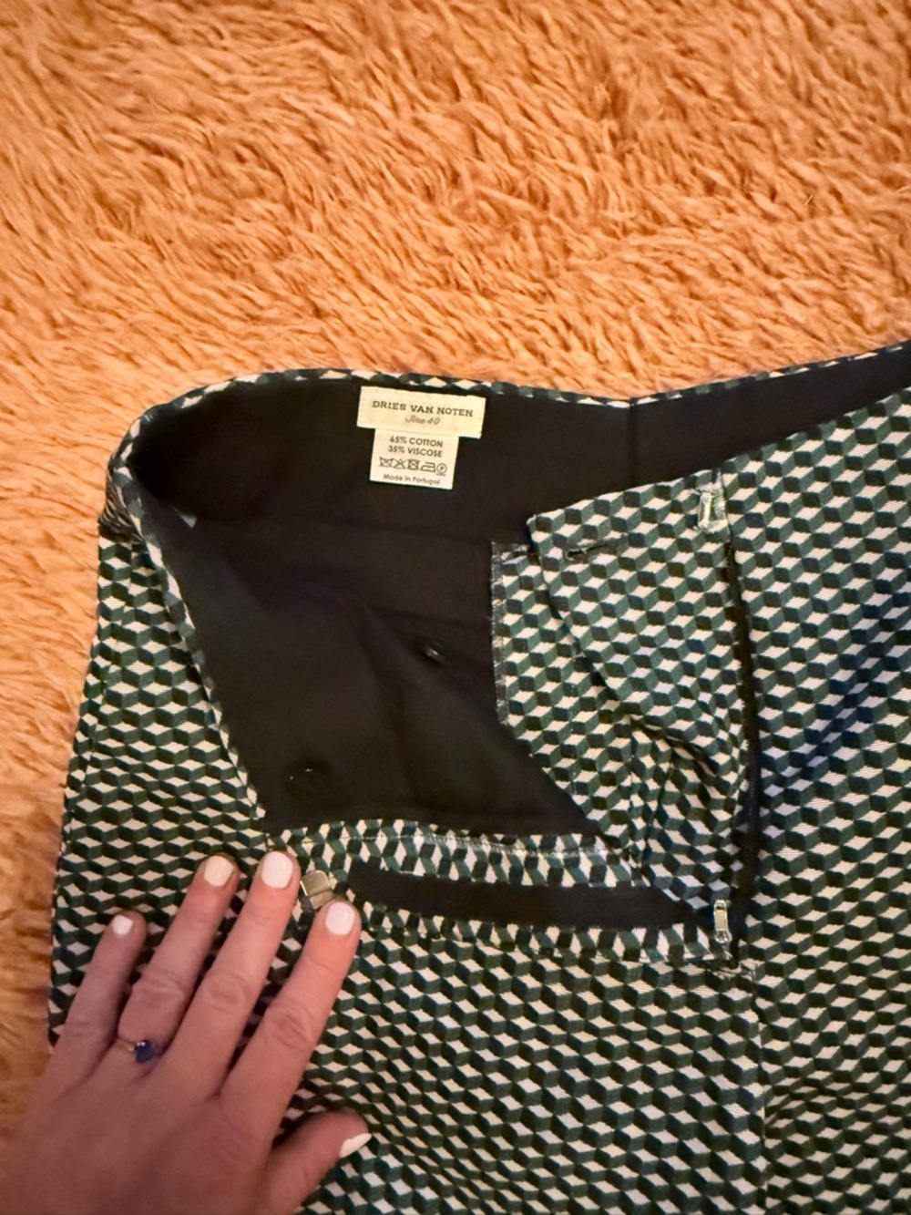 Dries Van Noten Green & White Geometric  Pants